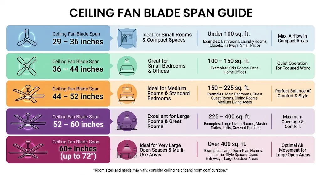 Ceiling fan size chart by room square footage