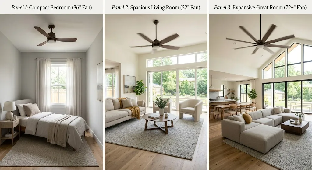 Different ceiling fan sizes in various room sizes