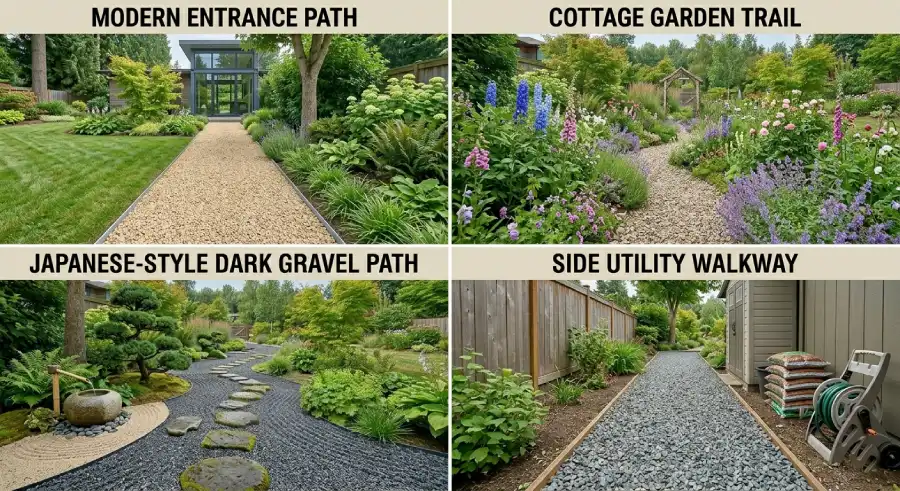 Different gravel path designs for garden landscaping