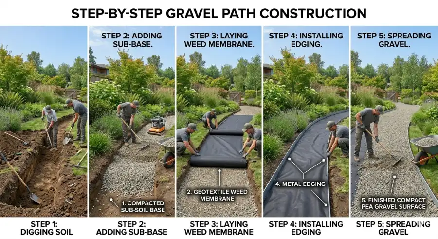 Step by step gravel path installation in a garden