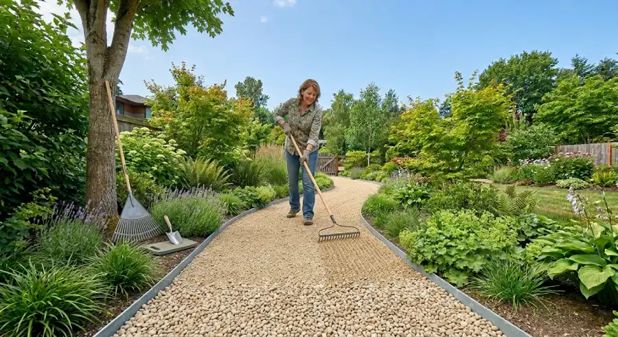 Raking and maintaining a clean gravel garden path
