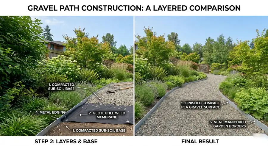 Gravel path layers showing base, membrane, and gravel surface
