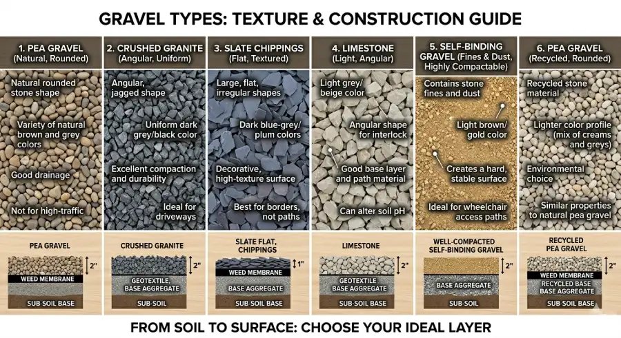 Different gravel types used for garden paths comparison