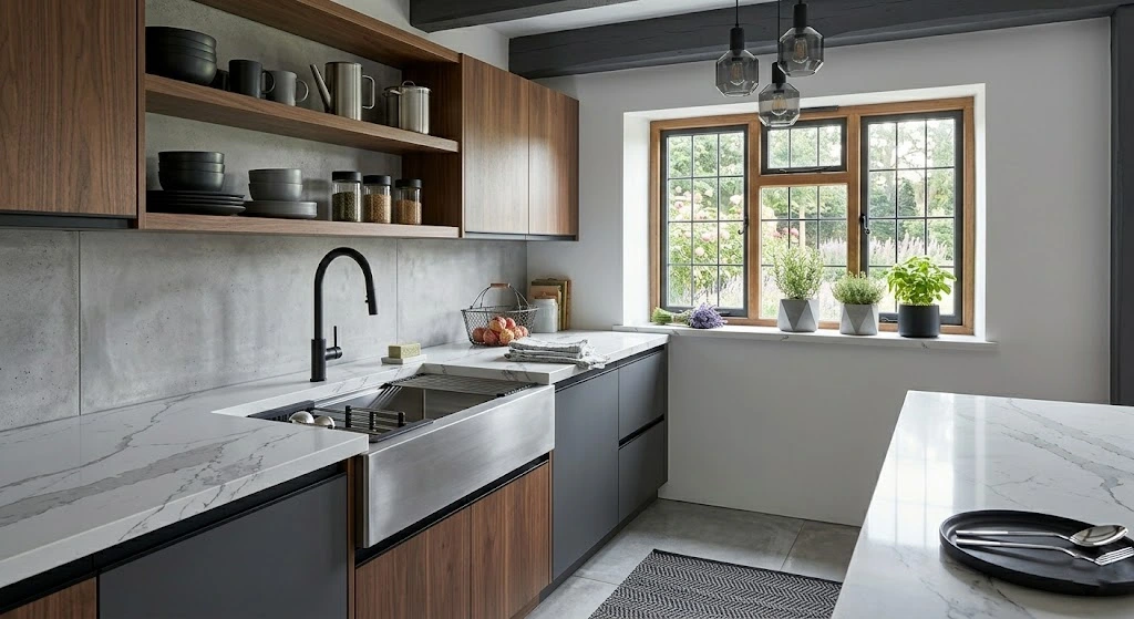 Modern stainless steel apron-front sink in contemporary kitchen