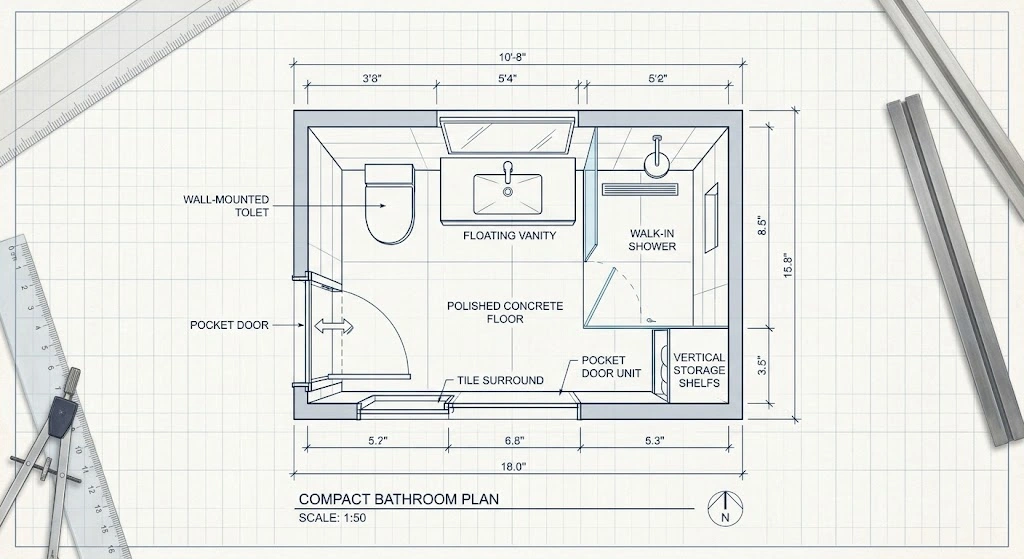 Small bathroom layout plan with optimized fixture placement and space-saving design.