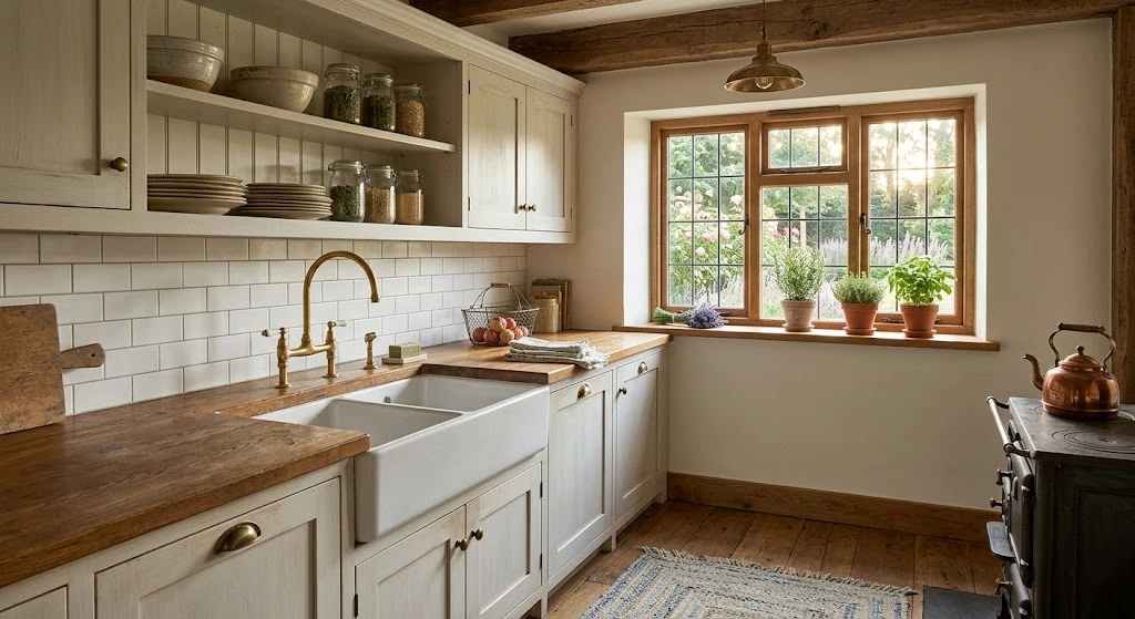 Traditional white farmhouse sink in rustic kitchen