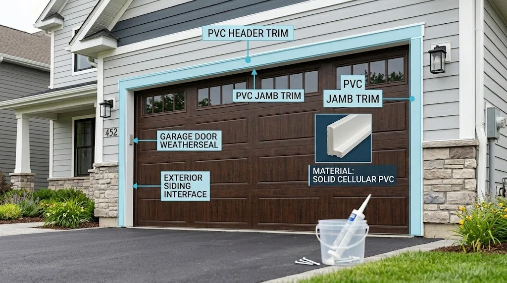 Garage door trim framing around a garage opening