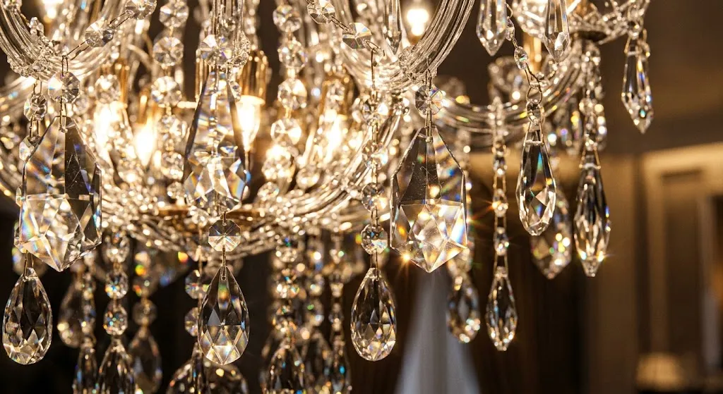 Close-up of crystal chandelier prisms reflecting light