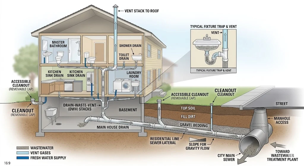 Underground sewer line connected to household plumbing system