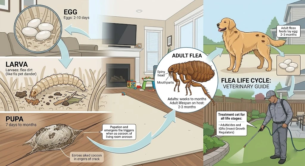 Diagram showing flea life cycle from egg to adult