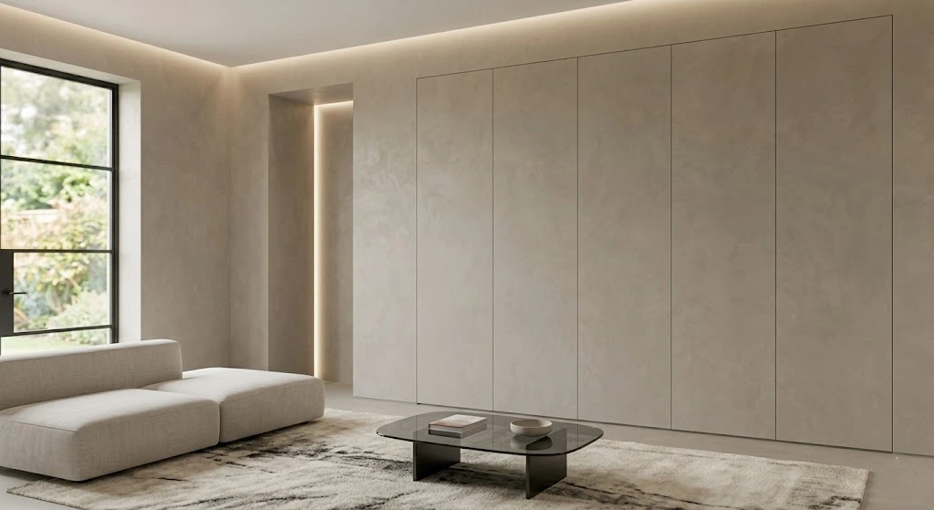 Frameless invisible cabinet doors blending into a modern wall.