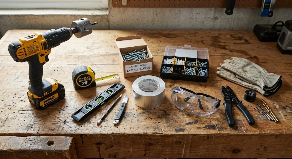 How to Install a Range Vent Hood 2 Tools needed for installing range vent hood on kitchen workbench