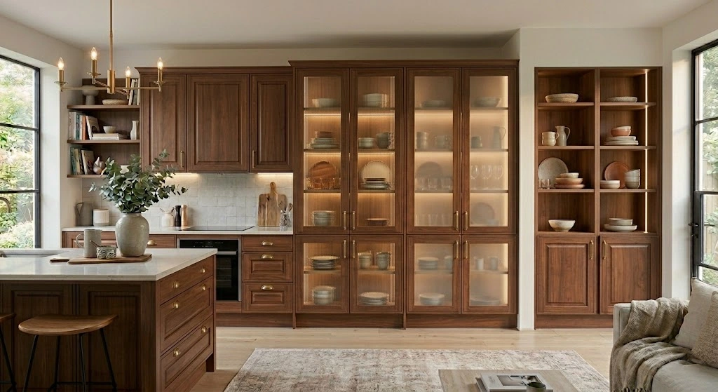 Glass insert cabinet doors in a modern kitchen display.