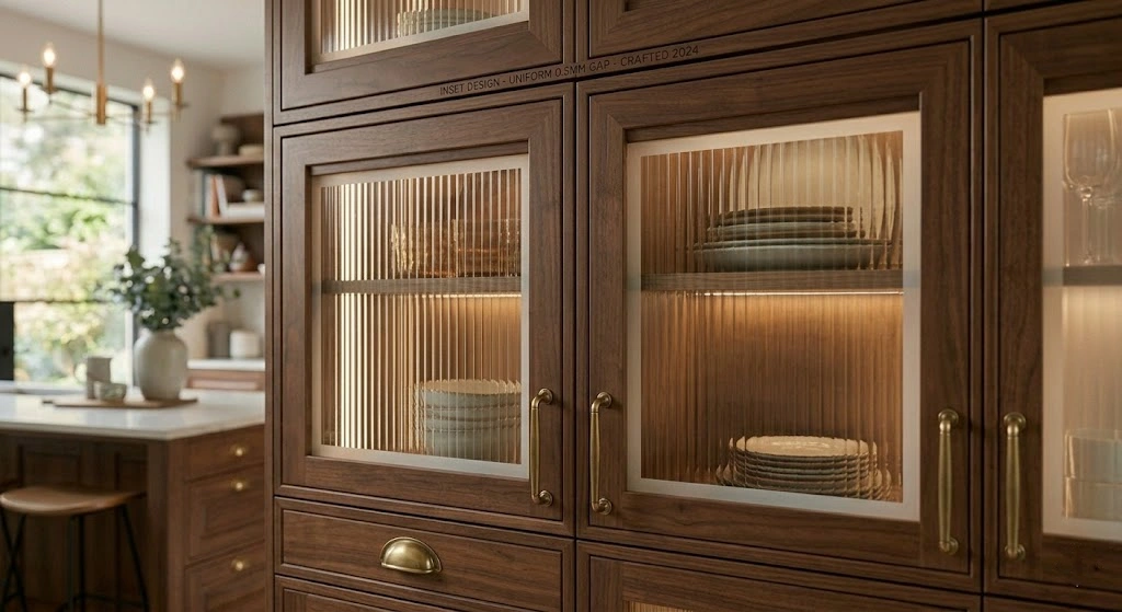 Inset cabinet doors fitted flush within a wooden frame.