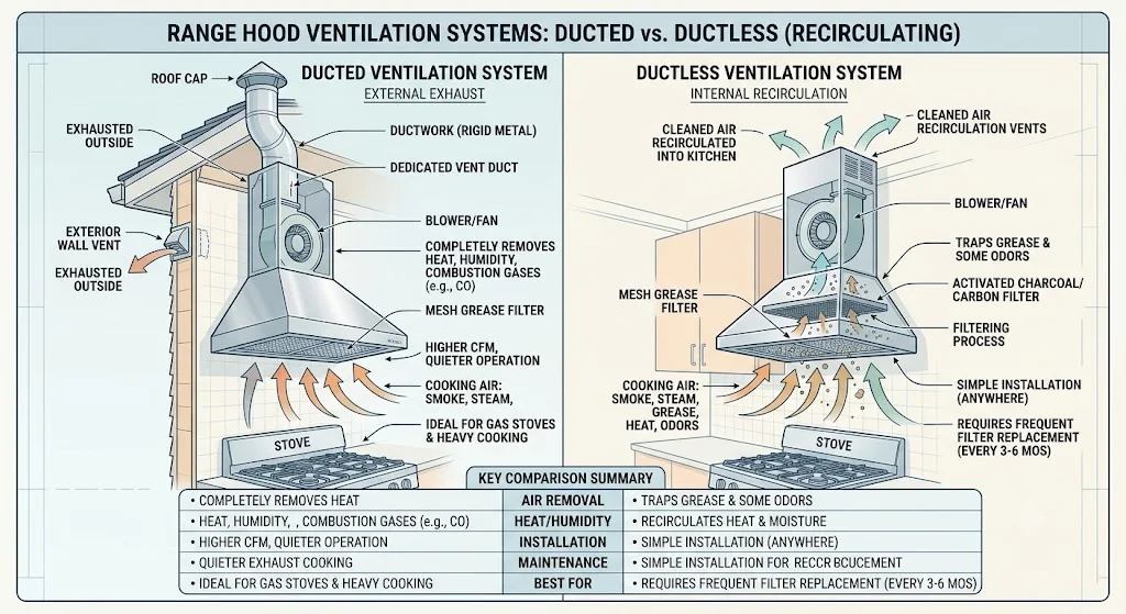 How to Install a Range Vent Hood 1 Ducted vs ductless range hood ventilation comparison diagram