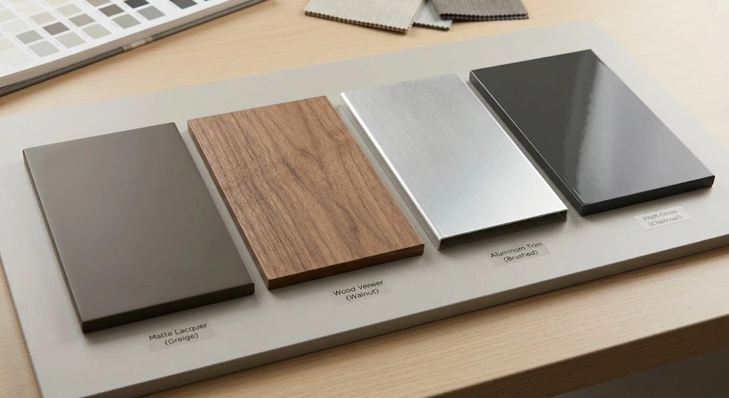 Different materials and finishes used in modern cabinet doors.