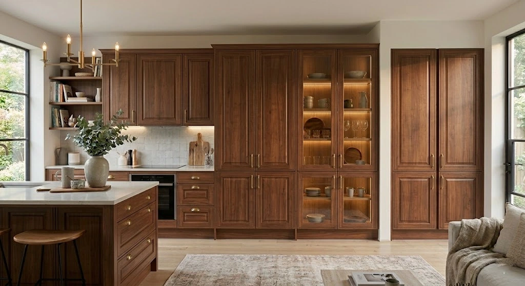 Raised panel cabinet doors in a stylish kitchen interior.