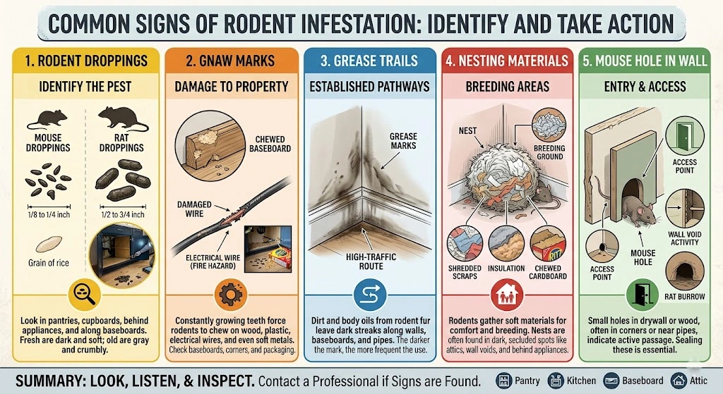 Common signs of mouse and rat infestation in a home