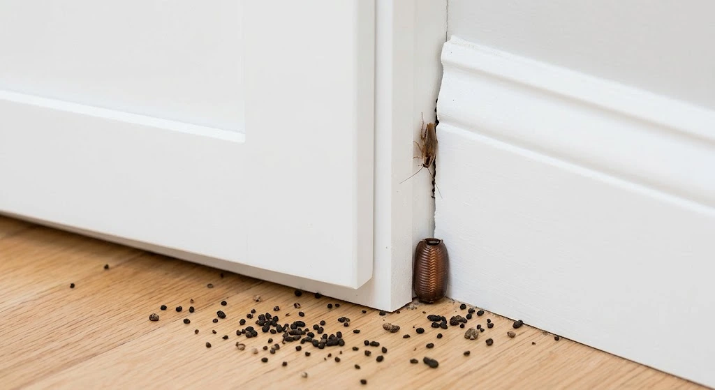 Cockroach droppings and egg case inside a kitchen cabinet.