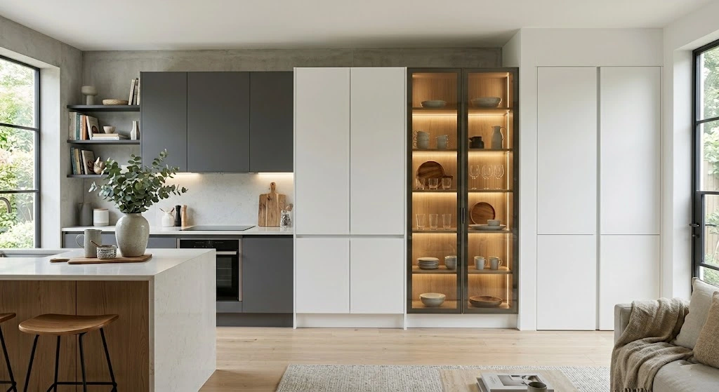 Minimalist kitchen with slab-style flat cabinet doors.