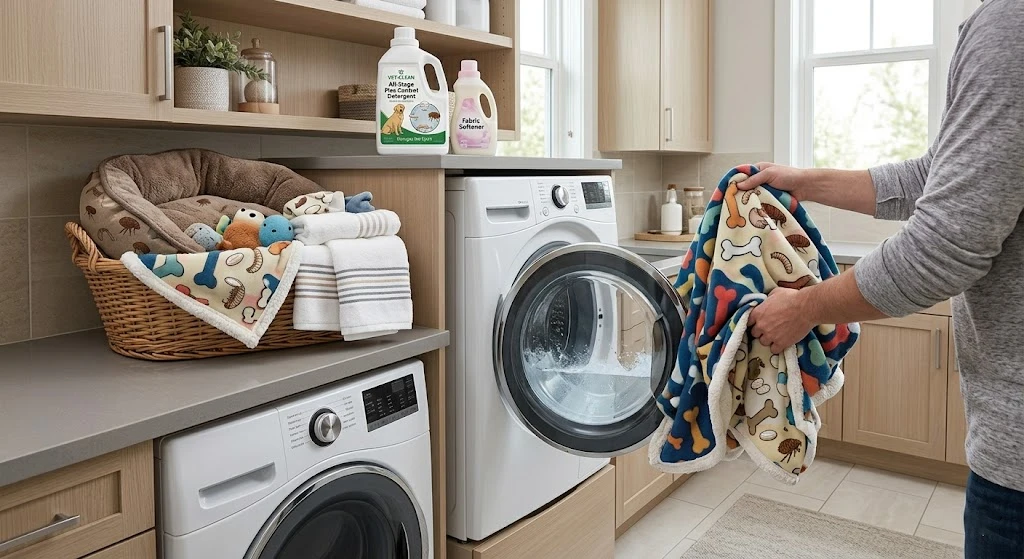 Pet bedding being washed to remove fleas and eggs