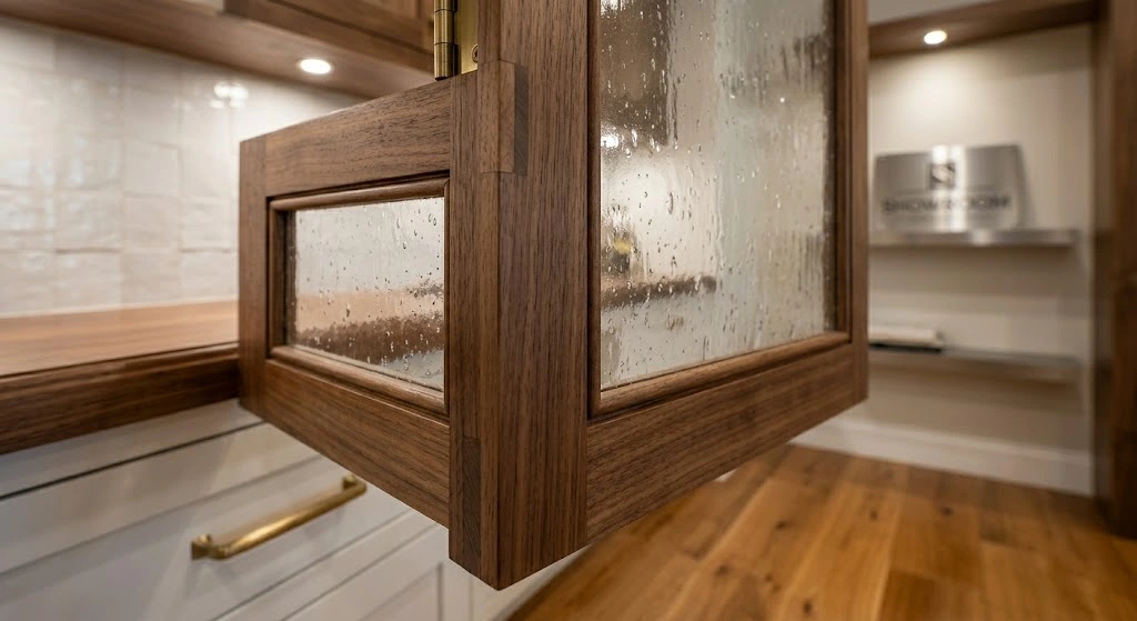 Close-up of an apron-glass cabinet door frame