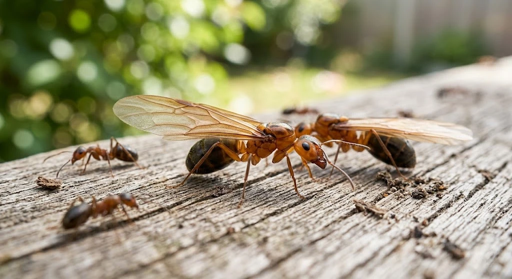 How Do You Get Rid of Flying Ants? 1 Close-up view of flying ants with wings during swarming season
