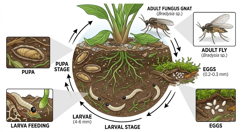 Fungus Gnats in South Florida: Why They Show Up and How to Stop Them 1 Fungus gnat life cycle diagram showing eggs larvae pupae and adults