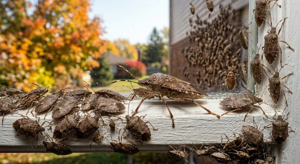 Stink Bug Control: Causes, Signs, and Best Solutions 1 Stink bugs clustering on exterior wall of a house