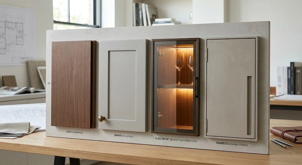 Comparison of different furniture door styles in a design studio.
