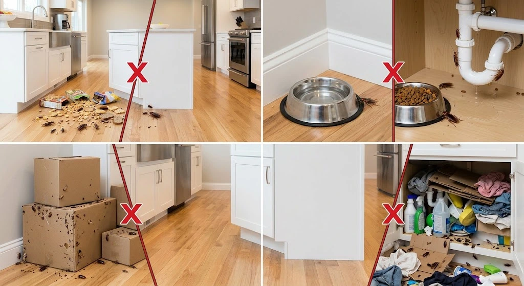 Common household conditions that attract cockroaches indoors.