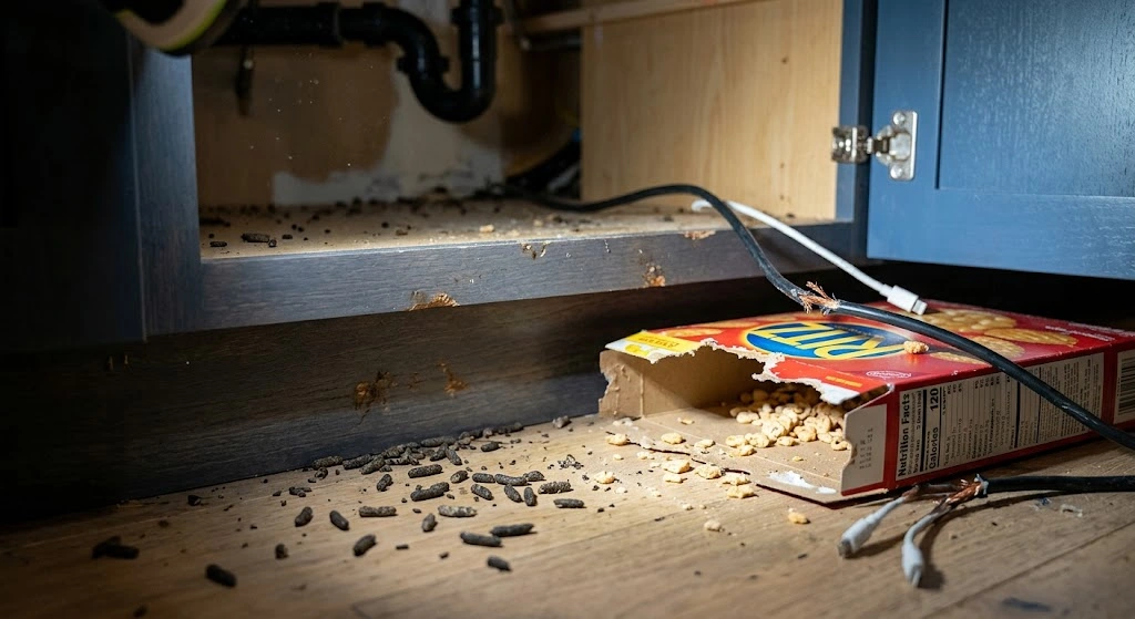 Signs of rodent damage including droppings and chewed wires