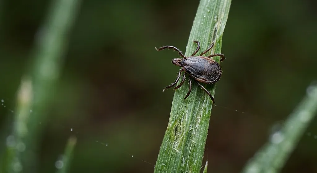 Tick waiting on grass blade in shaded yard area