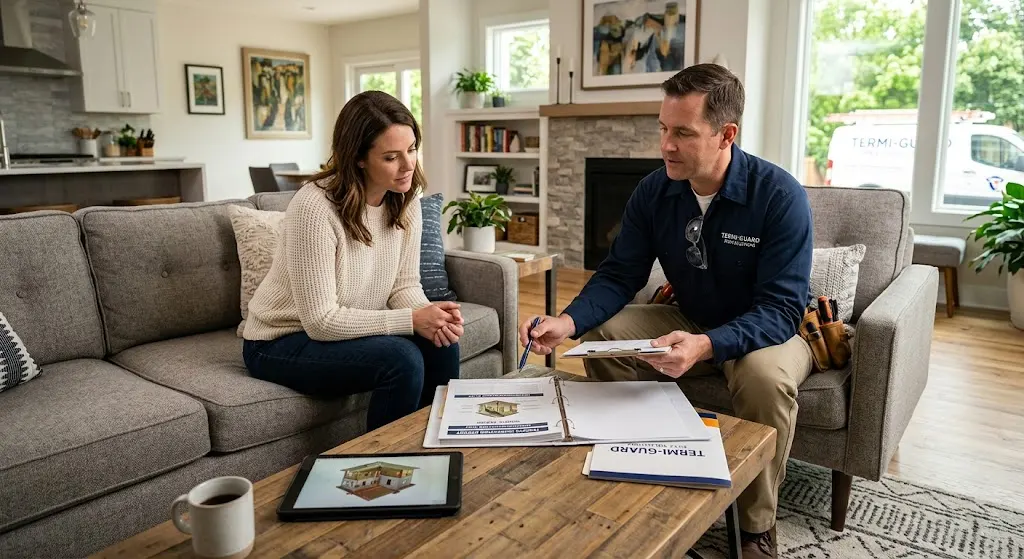 Homeowner discussing termite treatment costs