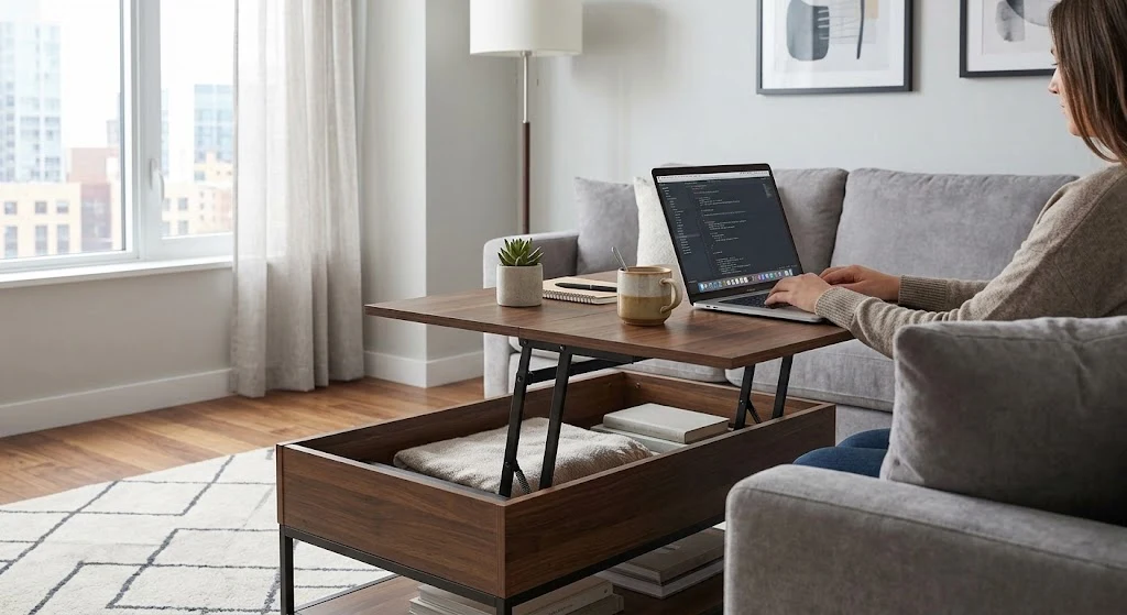 Types of Coffee Tables: Your Complete Guide to Finding the Right One 6 Lift-top coffee table used as a workspace