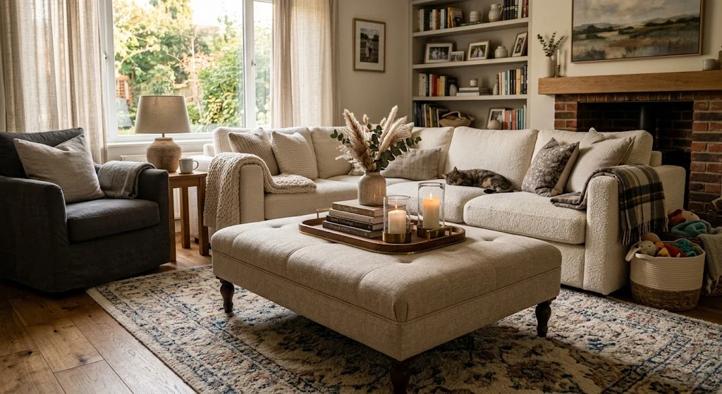 Types of Coffee Tables: Your Complete Guide to Finding the Right One 8 Ottoman coffee table in a family living room