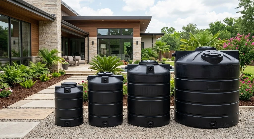 Different sizes of residential reserve water tanks.