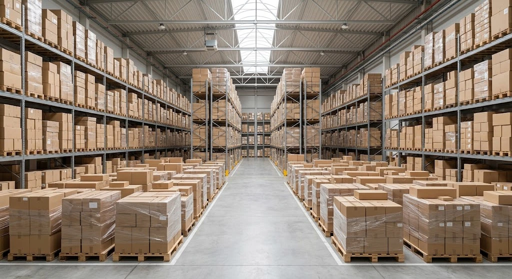 Bugs in Packages: Warning Signs and How to Stay Pest Free 1 Warehouse with stacked cardboard boxes and shipping pallets.