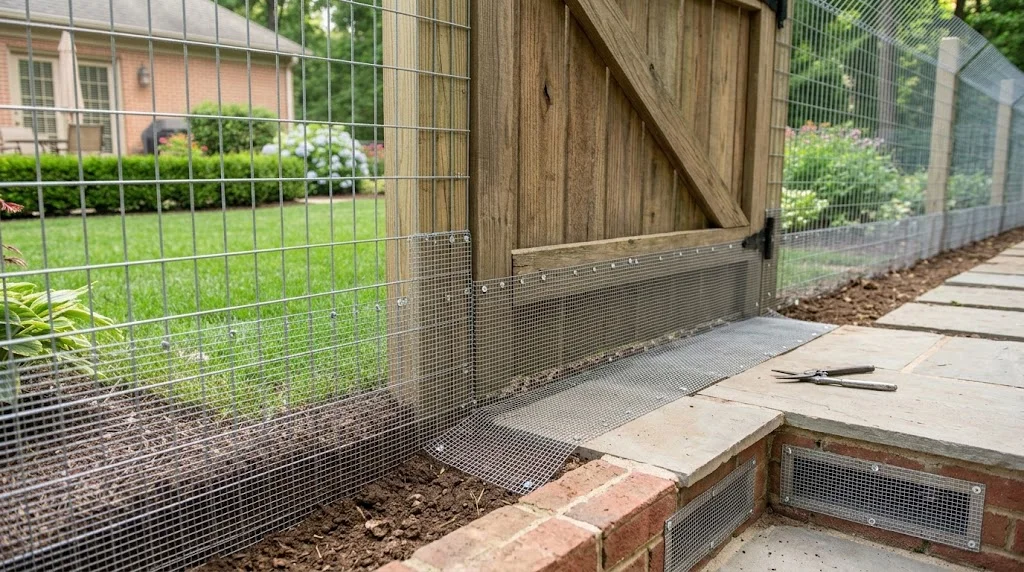 Snake-proof garden gate sealed with fine wire mesh to eliminate gaps around the entrance.