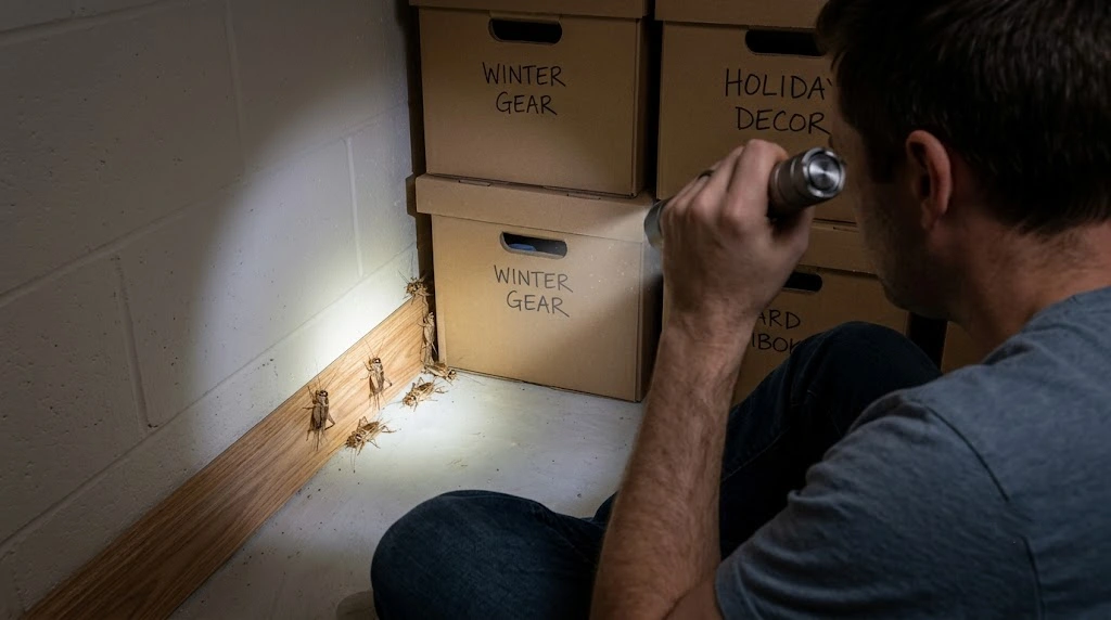 Inspecting a basement for signs of a house cricket infestation.