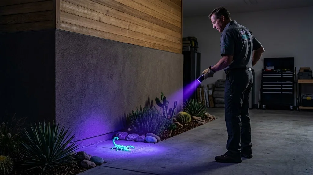 Glowing scorpion under a UV flashlight during a nighttime home inspection.