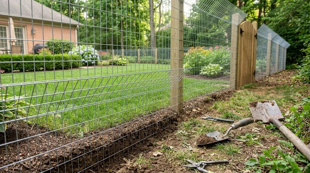 Close-up of a snake fence showing buried wire mesh and an outward-angled top for added protection.