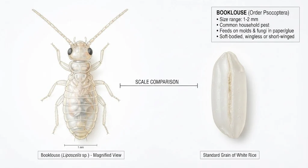 Booklice Control: A Complete Guide to Getting Rid of Them for Good 1 Booklice size comparison with grain of rice