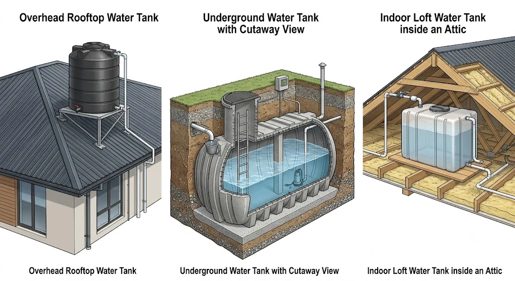 Comparison of overhead, underground, and loft water tanks.