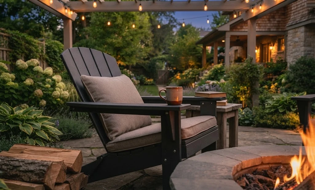 Comfortable firepit chair with a reclined back and wide armrests.