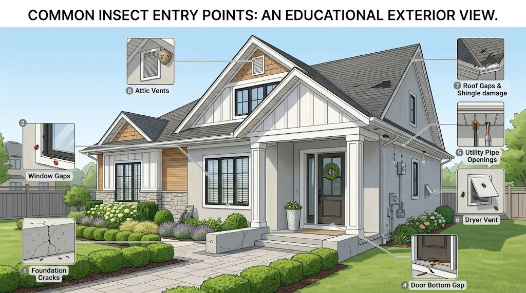 Common insect entry points around a residential home.