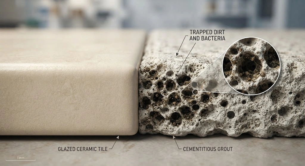 Tile and Grout Cleaning: The Complete Guide 1 Close-up of porous grout trapping dirt