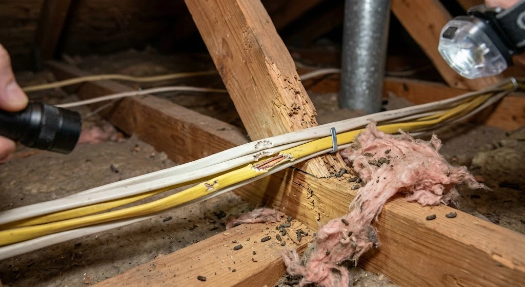 Chewed electrical wires and insulation caused by rodent activity.