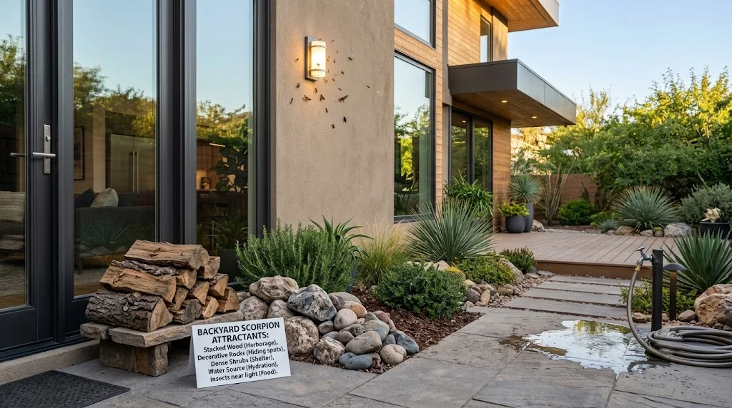 Backyard conditions that attract scorpions to a home.