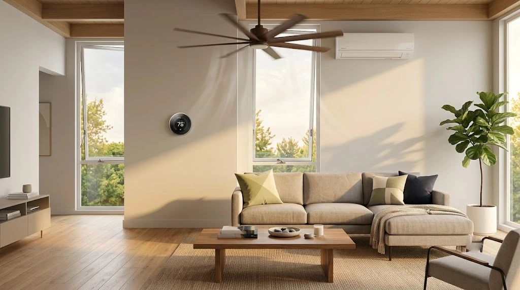 10 Easy Ways to Cool Your Home Without Spending a Fortune 3 Ceiling fan improving airflow inside a modern living room.